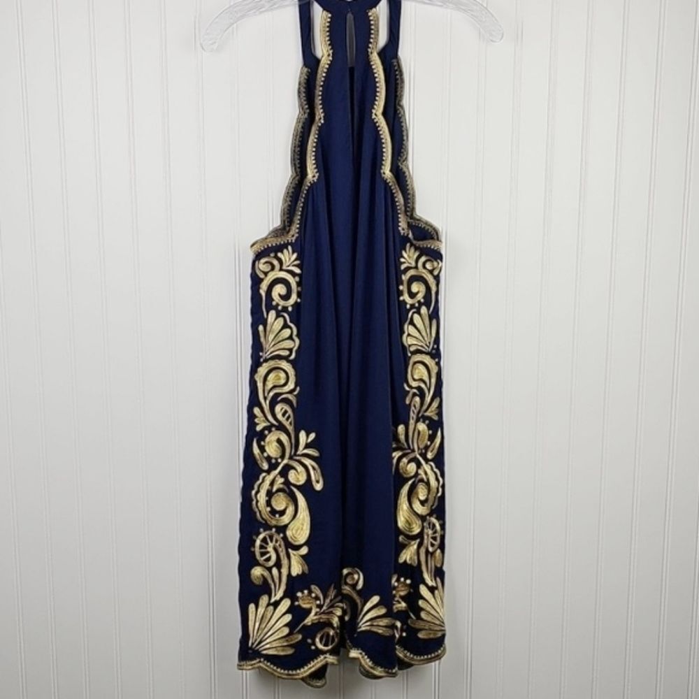 Lilly Pulitzer Navy & Gold Embroidered Halter Dress — XL - Picture 3 of 9
